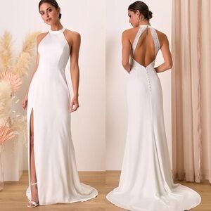 NWT Lulu’s Radiant Adoration White Satin Lace Backless Halter Maxi Wedding Dress